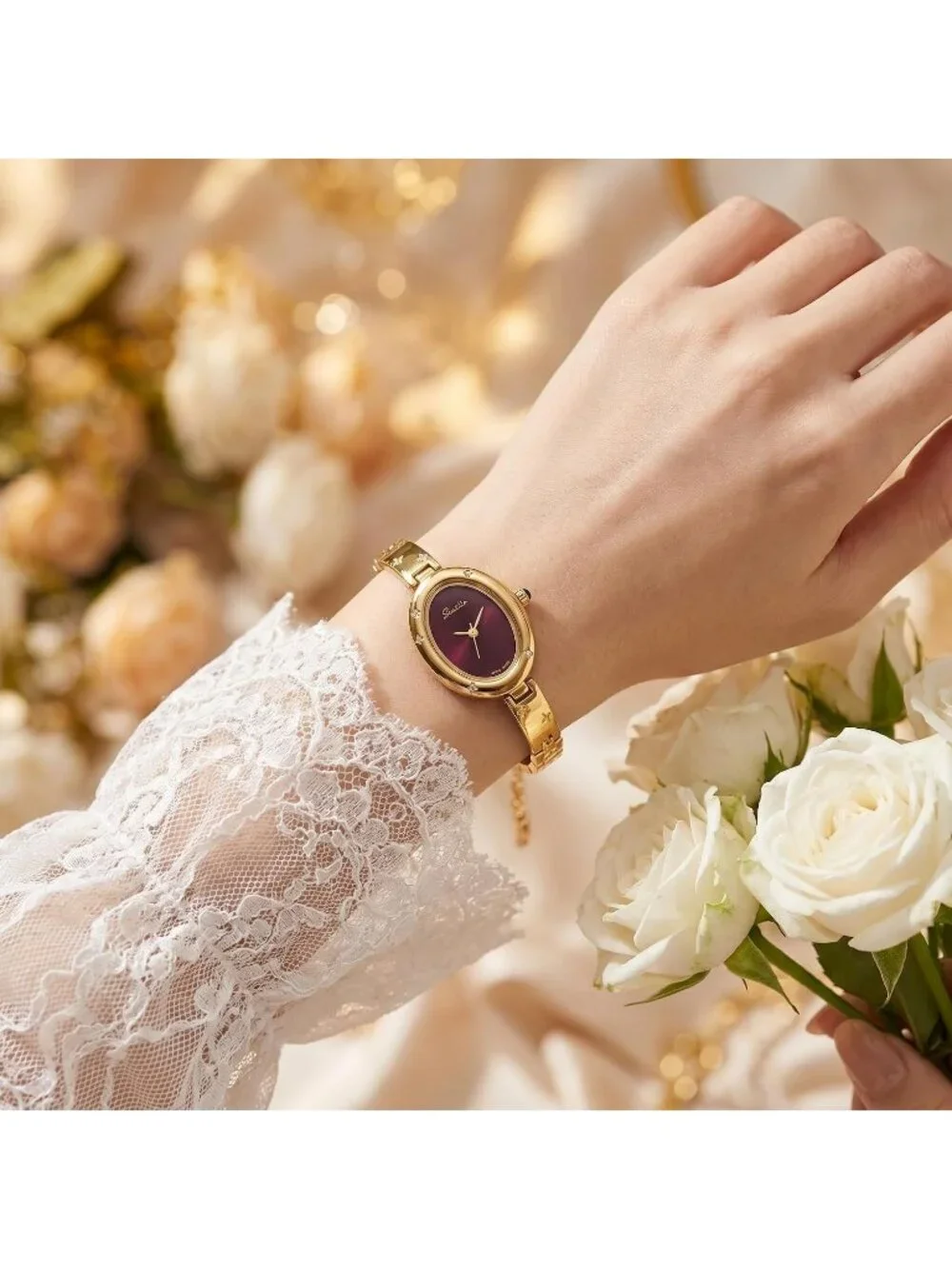 Women's Yellow Quartz Oval Crystal Waterproof Fashion Luxury Ladies Wrist Watch